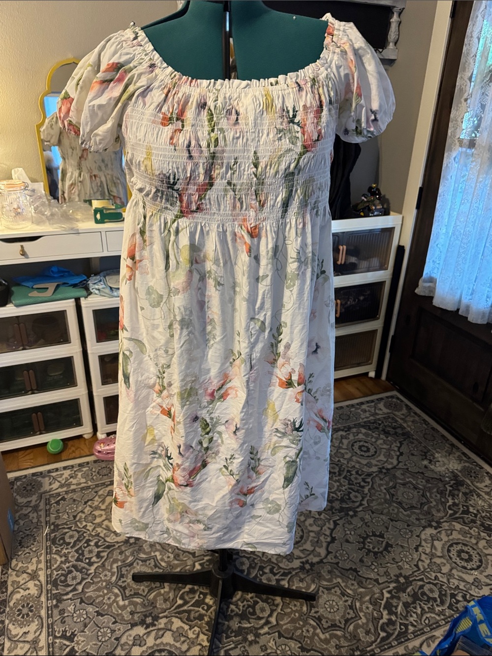 H&M White Floral Smocked Off-Shoulder Midi Dress